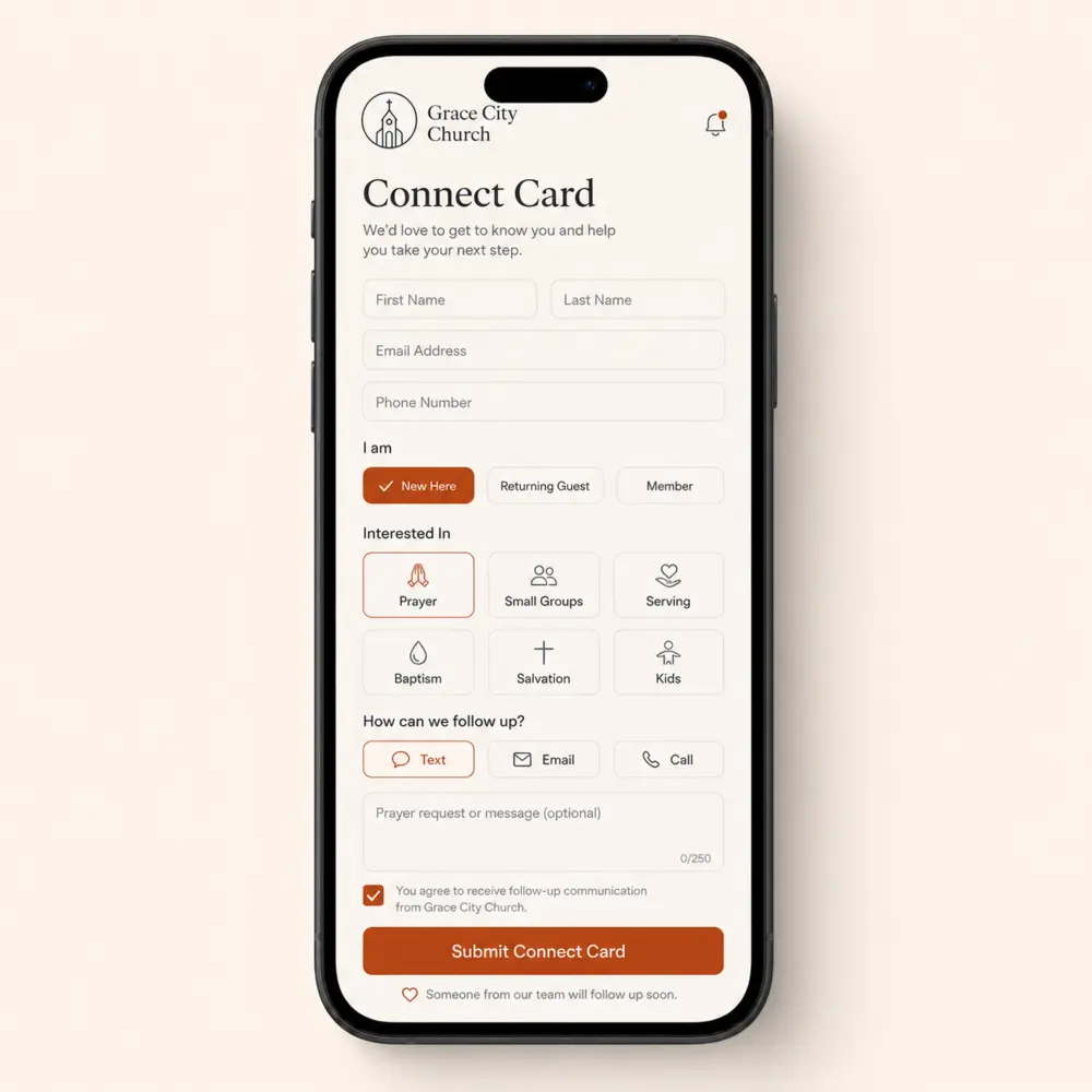 Mobile church connect card used for guest follow-up