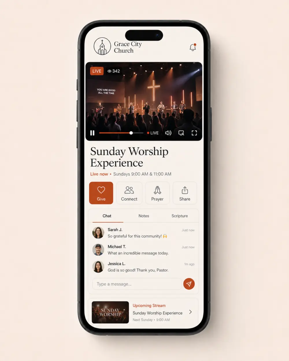Church livestream screen with worship and connection actions
