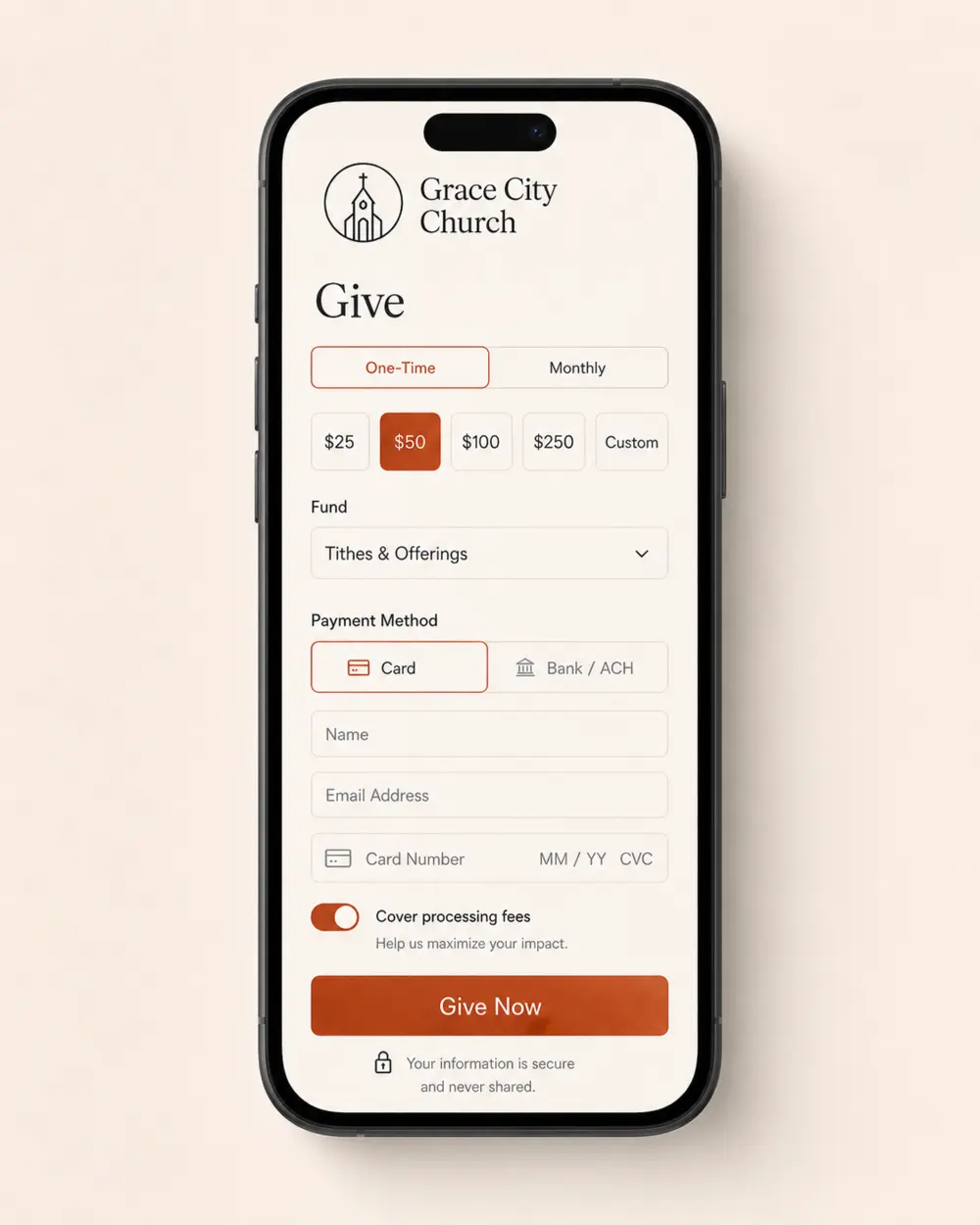 Mobile online giving interface for a church website